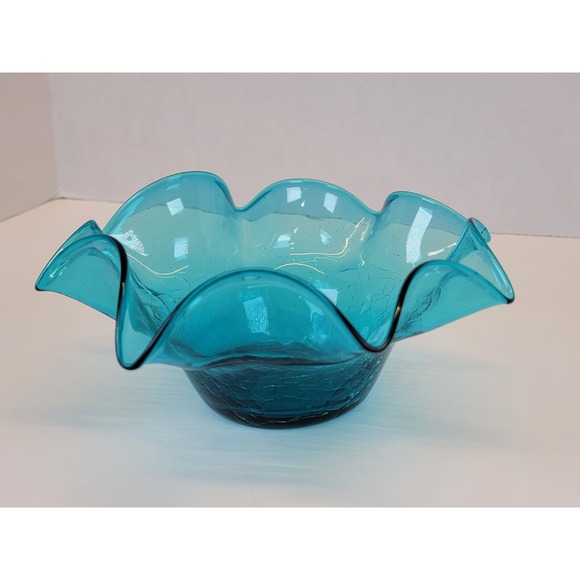 Vintage Blenko Glass Bowl Crackle Fluted Crimped Blue 9" - Picture 3 of 7